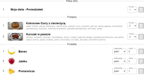 Wygląd po dodaniu do listy zakupów planu, przepisów i produktów - STG PrzepisDiety